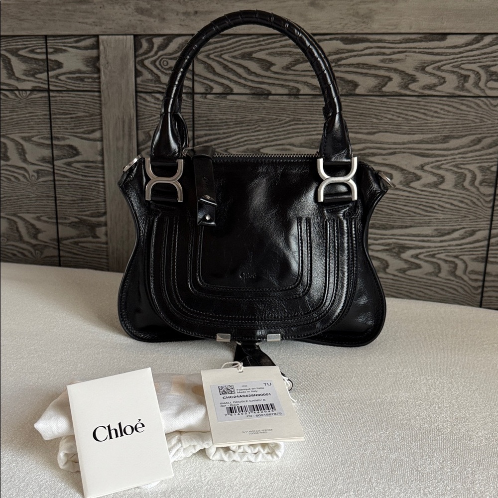 Chloé Marcie Small Black Glazed Leather Bag Silver Hardware Strap Dust Bag